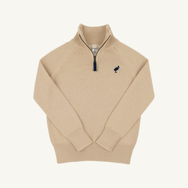The Hayden Half Zip Sweater by The Beaufort Bonnet Company, in Keeneland Khaki, features long sleeves, a quarter-zip collar, and is adorned with a Nantucket Navy stork logo on the chest—offering a versatile wardrobe essential laid flat on a white background.