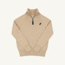 The Hayden Half Zip Sweater by The Beaufort Bonnet Company, in Keeneland Khaki, features long sleeves, a quarter-zip collar, and is adorned with a Nantucket Navy stork logo on the chest—offering a versatile wardrobe essential laid flat on a white background.