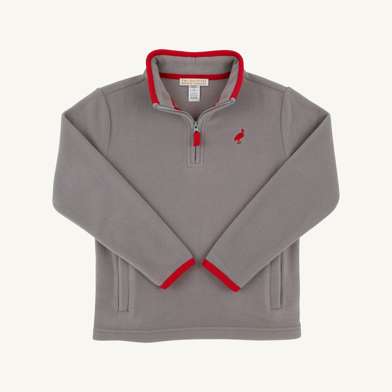 Hayword Half-Zip (Fleece) - Grantley Gray with Richmond Red: a cozy gray polyester fleece half-zip pullover featuring a red collar, red sleeve cuffs, and a red bird logo on the chest.