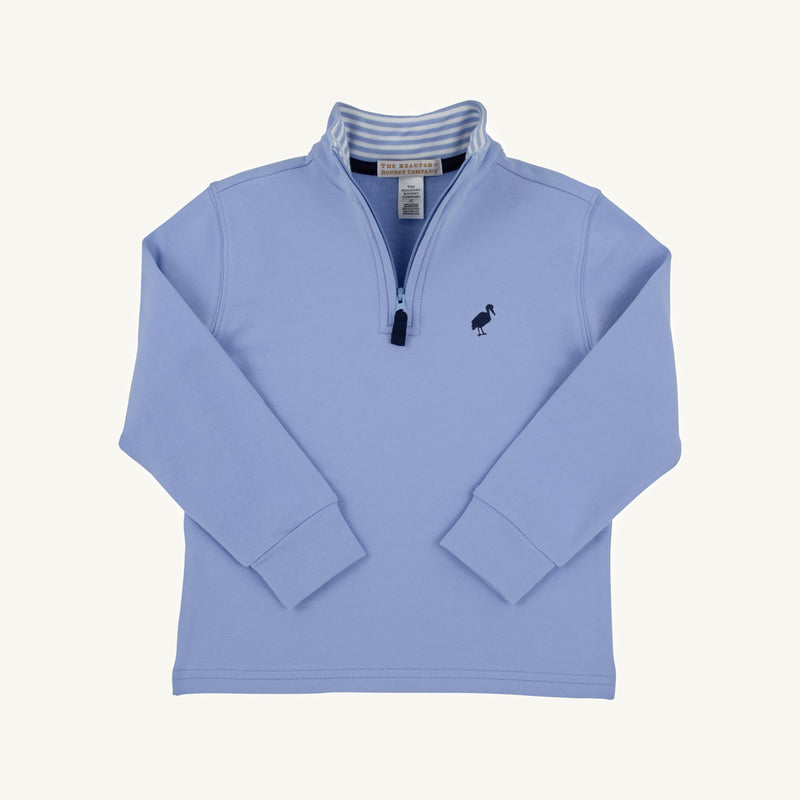 Periwinkle blue long-sleeve Hayword Half Zip - Park City Periwinkle with Nantucket Navy Stork boys pullover featuring a stork icon on the chest and a light blue striped pattern inside the collar.