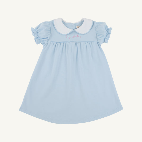 Light blue Pima cotton Holly Day Dress - Buckhead Blue with Hamptons Hot Pink Big Sister featuring a white peter pan collar and big sister embroidered in pink script.