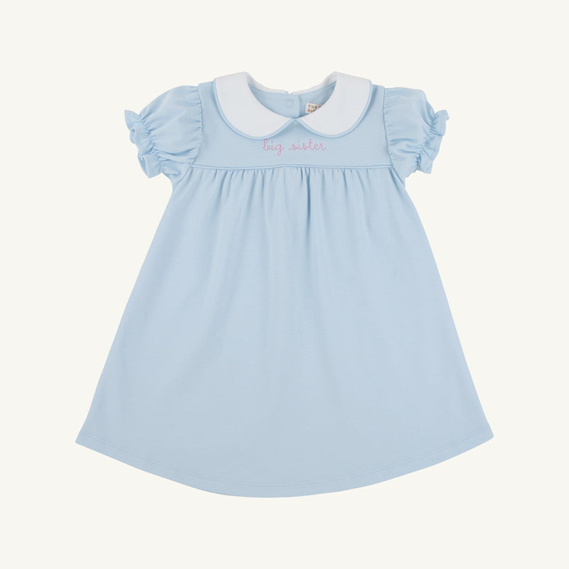 Light blue Pima cotton Holly Day Dress - Buckhead Blue with Hamptons Hot Pink Big Sister featuring a white peter pan collar and big sister embroidered in pink script.