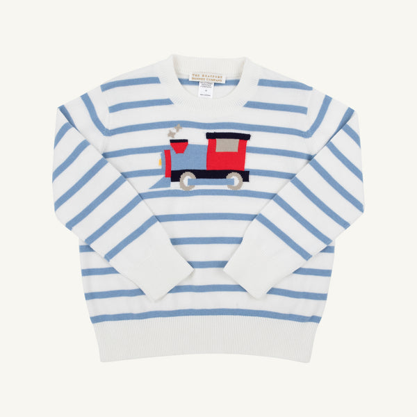 Isaac’s Intarsia Sweater by The Beaufort Bonnet Company features Barrington blue and white stripes with a playful red train puffing smoke on the front, crafted from soft cotton yarn using classic intarsia sweater techniques.