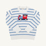 Isaac’s Intarsia Sweater by The Beaufort Bonnet Company features Barrington blue and white stripes with a playful red train puffing smoke on the front, crafted from soft cotton yarn using classic intarsia sweater techniques.