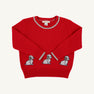 Isaac’s Intarsia Sweater - Richmond Red with Grantley Gray and Dogs is a long-sleeved red sweater with a gray ribbed collar and cuffs, decorated with three plaid dog appliqués across the front hem.