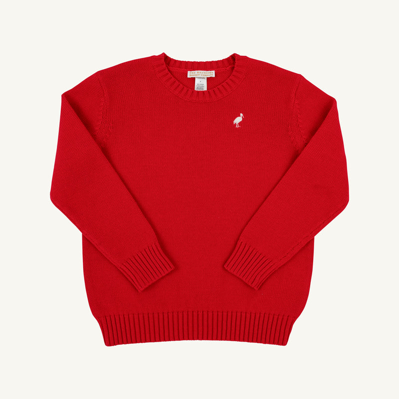 Bright red 100% cotton long-sleeved Isaac’s Sweater - Richmond Red with Palmetto Pearl Stork featuring a small white stork embroidered on the left chest.