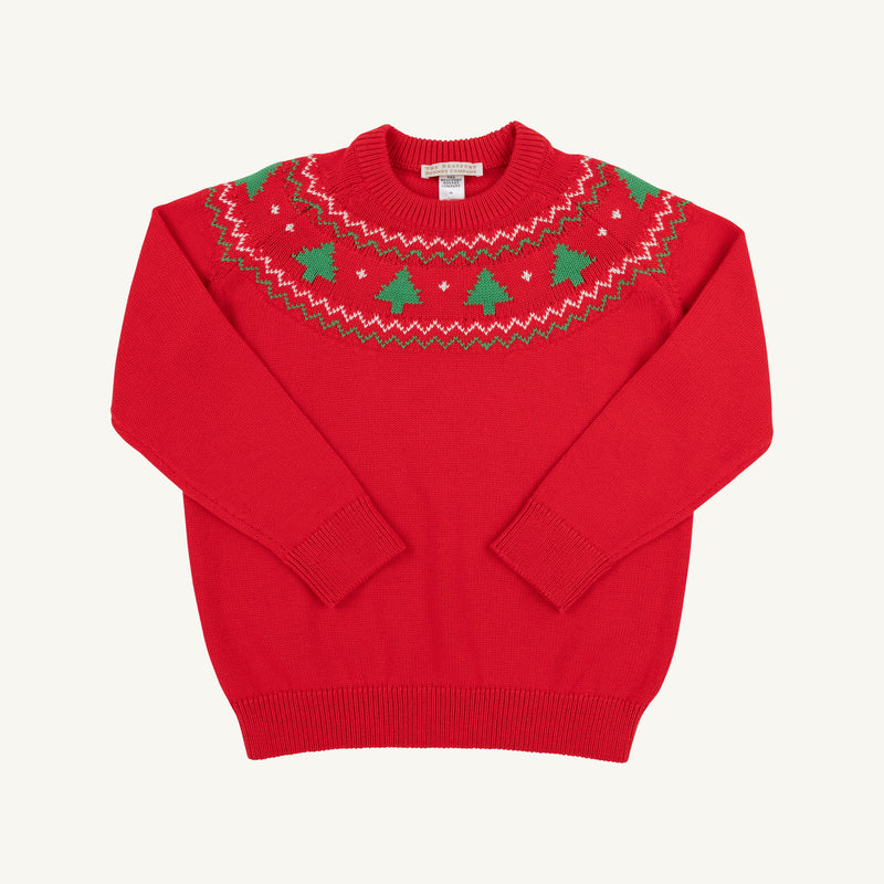 Isaac’s Fair Isle Sweater by The Beaufort Bonnet Company in Richmond Red features a festive pattern around the neckline with green and white Christmas trees and geometric designs.