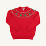 Isaac’s Fair Isle Sweater by The Beaufort Bonnet Company in Richmond Red features a festive pattern around the neckline with green and white Christmas trees and geometric designs.