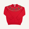 Isaac’s Fair Isle Sweater by The Beaufort Bonnet Company in Richmond Red features a festive pattern around the neckline with green and white Christmas trees and geometric designs.
