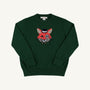 Isaac’s Intarsia Sweater in Grier Green with Fox by The Beaufort Bonnet Company is a kids’ cotton autumn sweater, showcased flat on a plain white background. The front of the sweater displays a charming fox sporting a monocle, bow tie, and hat.
