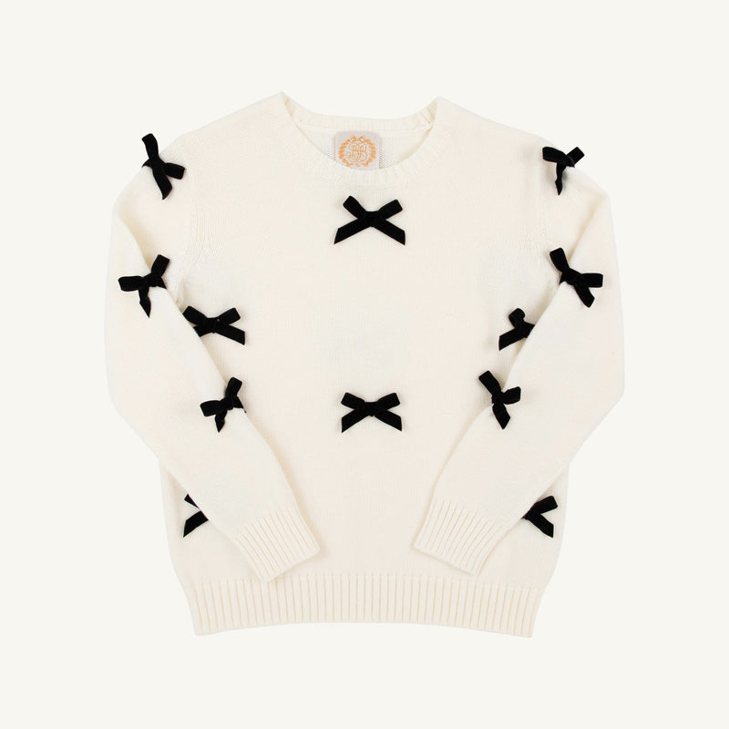 Isabelle's Sweater - Palmetto Pearl with Newport Night Velveteen Bows