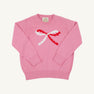 Isabelle’s Intarsia Sweater in Hamptons Hot Pink with a long-sleeved design, featuring a white and red scalloped bow on the front.