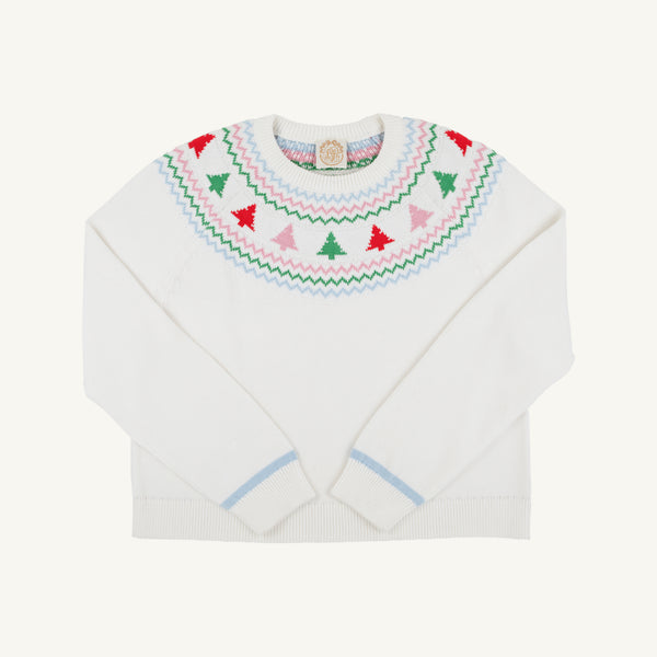 Introducing the Isabelle’s Fair Isle Sweater – Palmetto Pearl with Trees by The Beaufort Bonnet Company. This festive white sweater features a colorful Fair Isle pattern of zigzags and small Christmas trees in green, red, and pink encircling the neckline, complemented by pastel blue cuffs and collar. Made from 100% cotton for ultimate comfort and style, it’s a charming addition to your holiday wardrobe.