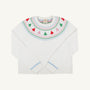 Introducing the Isabelle’s Fair Isle Sweater – Palmetto Pearl with Trees by The Beaufort Bonnet Company. This festive white sweater features a colorful Fair Isle pattern of zigzags and small Christmas trees in green, red, and pink encircling the neckline, complemented by pastel blue cuffs and collar. Made from 100% cotton for ultimate comfort and style, it’s a charming addition to your holiday wardrobe.