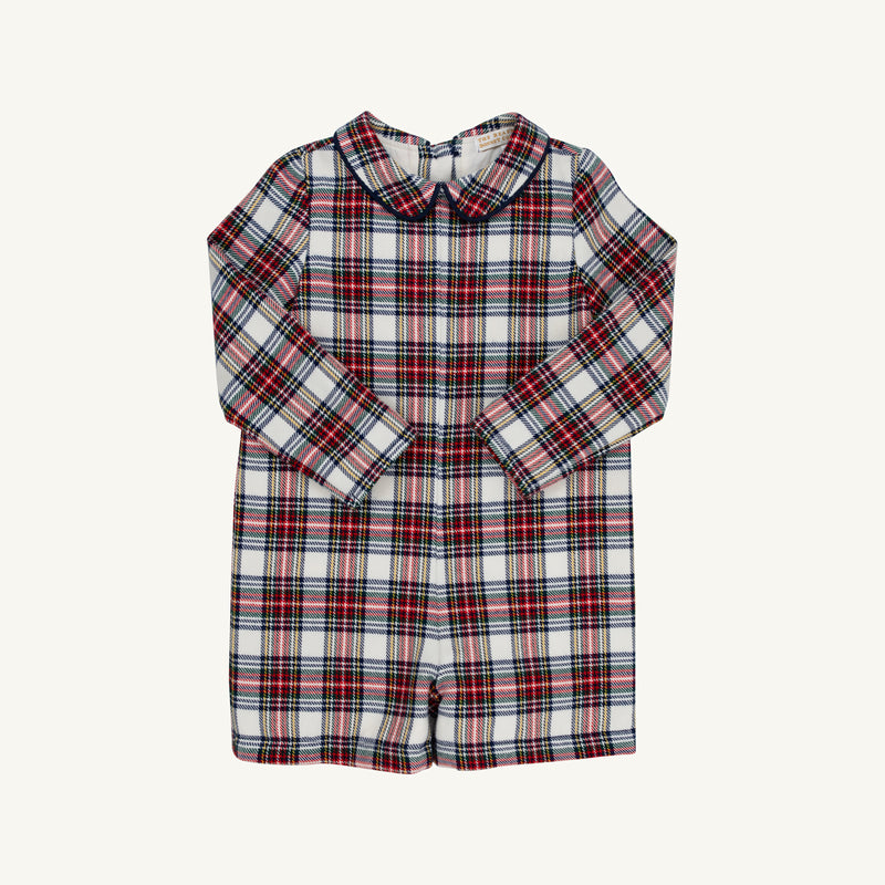 John Hall Jon Jon - Paris Pike Plaid with Nantucket Navy long-sleeved romper featuring a navy blue rounded collar.