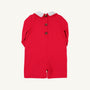 A John Hall Jon Jon in Richmond Red Pique with Worth Avenue White trim by The Beaufort Bonnet Company, featuring a white collar and three brown buttons down the back, displayed flat on a plain background. Perfect for a classic Christmas outfit.