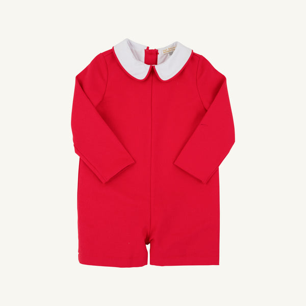 A long-sleeved John Hall Jon Jon in Richmond Red Pique & Worth Avenue White from The Beaufort Bonnet Company, featuring a classic white Peter Pan collar—perfect as a Christmas outfit and shown against a light background.