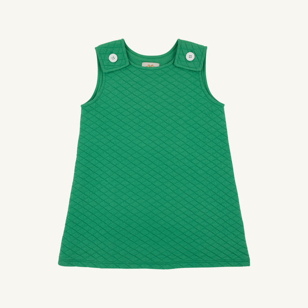 The Beaufort Bonnet Company’s Juliet Jumper in Kiawah Kelly Green (Quilted) features a sleeveless design with a diamond-patterned texture and two large white shoulder buttons, shown against a plain light background.