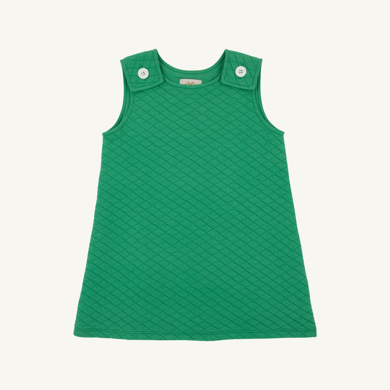 The Beaufort Bonnet Company’s Juliet Jumper in Kiawah Kelly Green (Quilted) features a sleeveless design with a diamond-patterned texture and two large white shoulder buttons, shown against a plain light background.