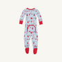Dress your little one in festive style with the Knox’s Night Night - Santa’s Laundry Line by The Beaufort Bonnet Company. This light blue infant onesie features cheerful red cuffs and feet and is adorned with red and white holiday-themed laundry—like clothes and stockings—strung across charming clotheslines. Made from soft Pima cotton, it includes a convenient flap over the bottom at the back. Perfect for matching family pajamas!.