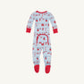 Dress your little one in festive style with the Knox’s Night Night - Santa’s Laundry Line by The Beaufort Bonnet Company. This light blue infant onesie features cheerful red cuffs and feet and is adorned with red and white holiday-themed laundry—like clothes and stockings—strung across charming clotheslines. Made from soft Pima cotton, it includes a convenient flap over the bottom at the back. Perfect for matching family pajamas!.