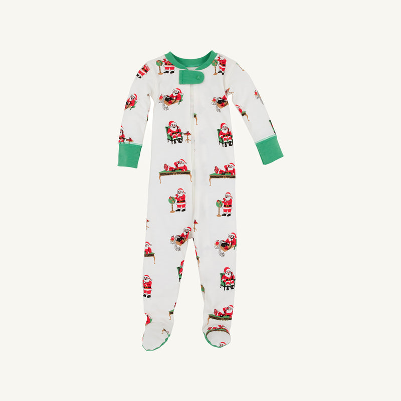 Knox’s Night Night - Serious Santa Business by The Beaufort Bonnet Company is a white baby onesie with green cuffs and collar, featuring an allover festive Santa Claus print and crafted from soft Pima Cotton pajamas fabric, shown laid flat on a plain background.