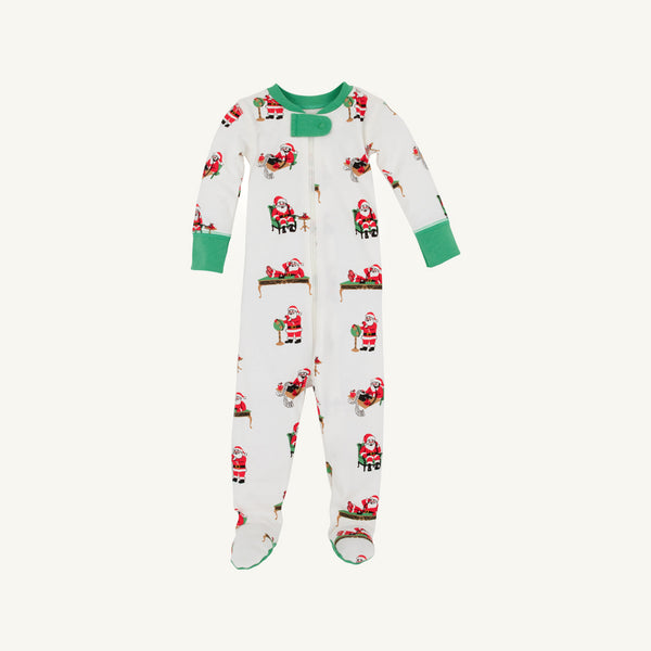 Knox’s Night Night - Serious Santa Business by The Beaufort Bonnet Company is a white baby onesie with green cuffs and collar, featuring an allover festive Santa Claus print and crafted from soft Pima Cotton pajamas fabric, shown laid flat on a plain background.