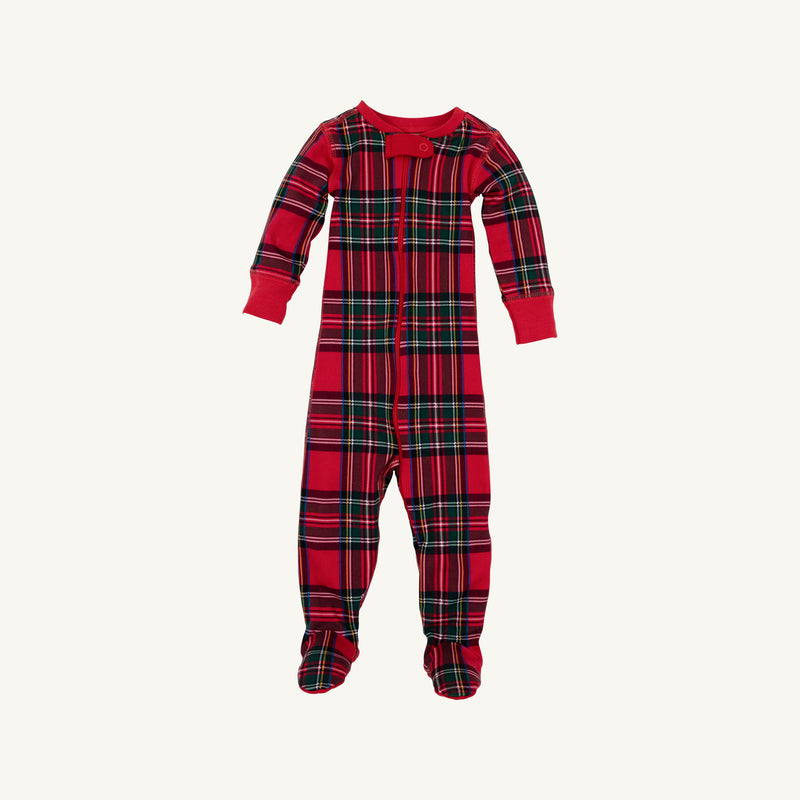 Knox’s Night Night - Society Prep Plaid infant footed pajamas in a red, green, and blue Christmas plaid pattern with red trim and a front zipper.