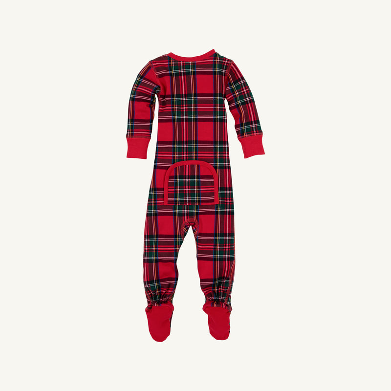 Knox’s Night Night - Society Prep Plaid baby footie pajamas with long sleeves in a red, green, and blue Christmas plaid pattern with solid red trim.