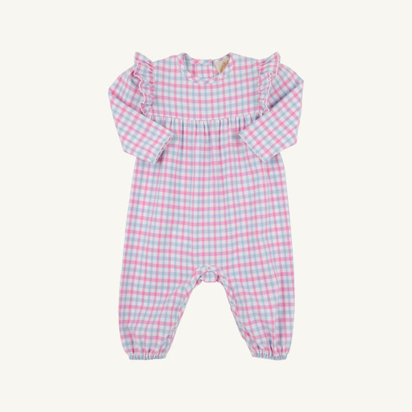 Leigh Ann Angel Sleeve Romper (Flannel) - Barrington Blue & Hamptons Hot Pink Gingham