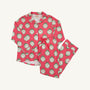 Let Me Lounge Set - Distinguished Doggies with Hamptons Hot Pink button-down pajamas featuring a red and white striped set with a pattern of dogs inside green wreaths.