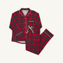 Let Me Lounge Set in Society Prep Plaid with Worth Avenue White, a red and green plaid long-sleeve pajama set featuring white scalloped trim and a white drawstring waist.