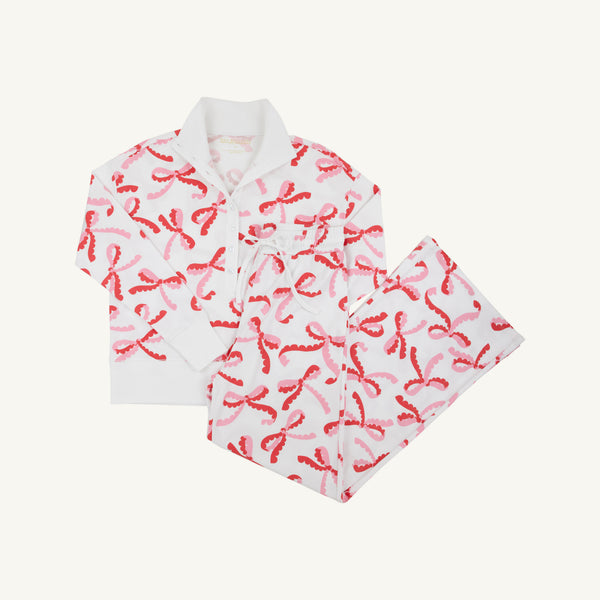 Libby’s Lounge Set - Bonnie Scot Bows with Worth Avenue White featuring a long-sleeved button-down pajama top and matching wide-leg pants with a pink and red bow print on a white background.