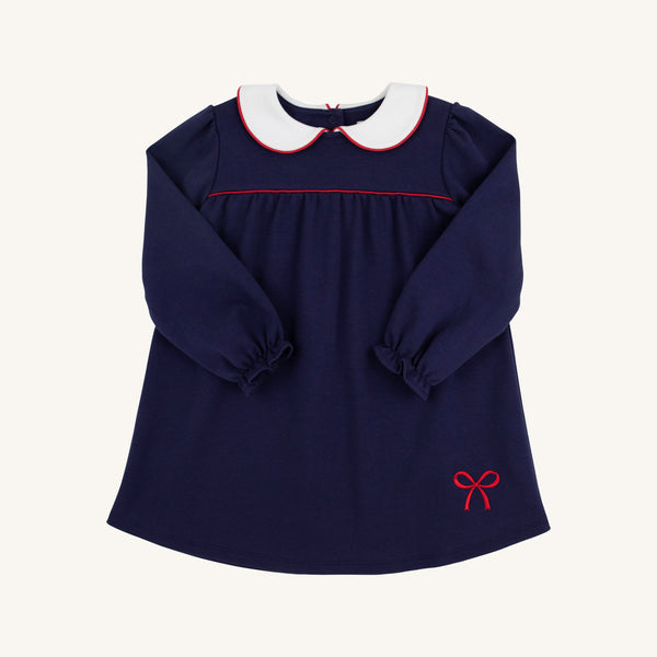 Long Sleeve Maerin Fitz Frock - Nantucket Navy with Worth Avenue White & Richmond Red Bow Applique