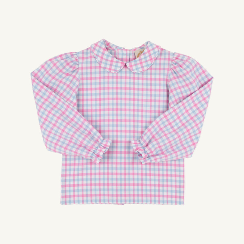 Maude's Peter Pan Collar Shirt & Onesie (Long Sleeve Flannel) - Barrington Blue and Hamptons Hot Pink Gingham