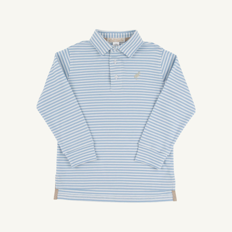 Long Sleeve Prim & Proper Polo & Onesie - Barrington Blue Stripe with Keeneland Khaki Stork