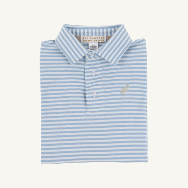 Long Sleeve Prim & Proper Polo & Onesie - Barrington Blue Stripe with Keeneland Khaki Stork