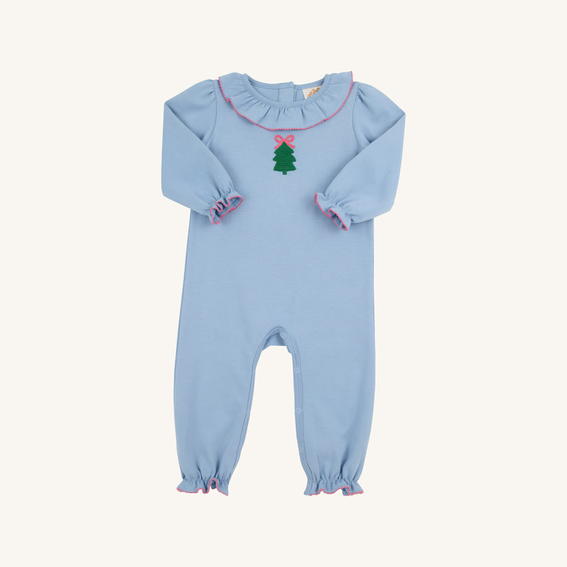 Long Sleeve Ramona Ruffle Romper - Barrington Blue with Christmas Tree Embroidery