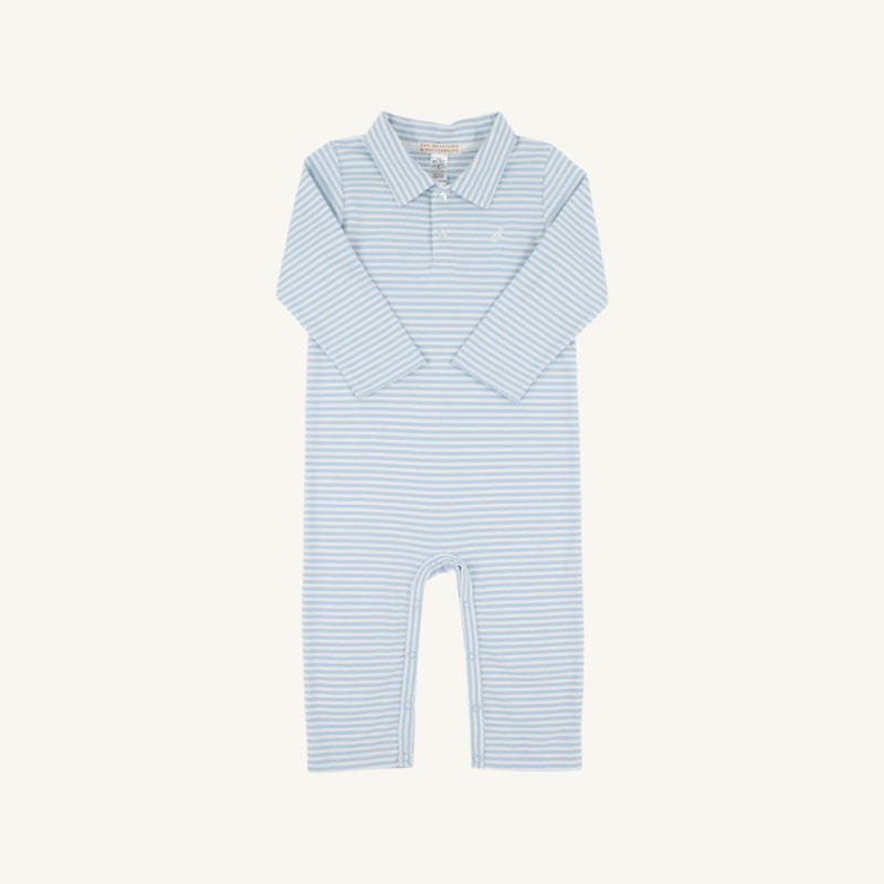 Long Sleeve Sir Proper's Romper - Beale Street Blue Stripe with Worth Avenue White Stork