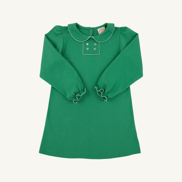 The Beaufort Bonnet Company Long Sleeve Banks Button Dress in Kiawah Kelly Green with Worth Avenue White, featuring a white-trimmed Peter Pan collar, decorative buttons on the chest, and ruffled cuffs.