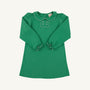 The Beaufort Bonnet Company Long Sleeve Banks Button Dress in Kiawah Kelly Green with Worth Avenue White, featuring a white-trimmed Peter Pan collar, decorative buttons on the chest, and ruffled cuffs.