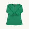 The Beaufort Bonnet Company Long Sleeve Banks Button Dress in Kiawah Kelly Green with Worth Avenue White, featuring a white-trimmed Peter Pan collar, decorative buttons on the chest, and ruffled cuffs.