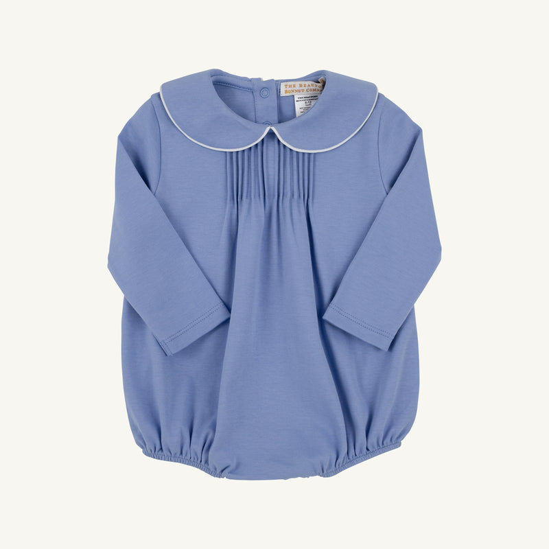 Long Sleeve Boone Bubble - Park City Periwinkle with Worth Avenue White featuring a white-trimmed Peter Pan collar and vertical front pleats.