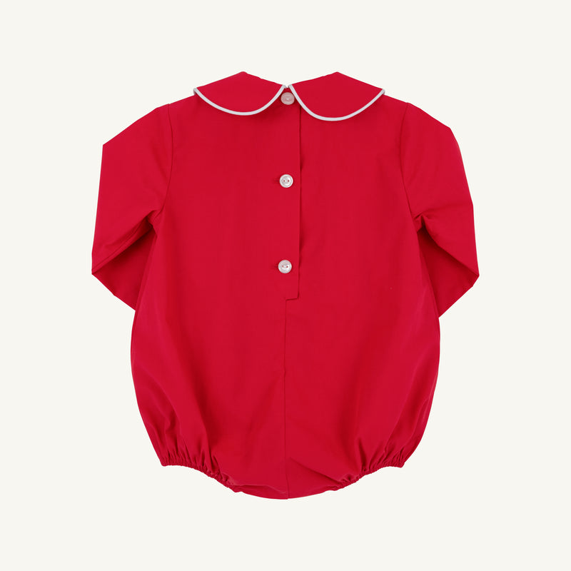 Richmond Red Long Sleeve Boone Bubble for babies, featuring a rounded Peter Pan collar and two buttons on the back.