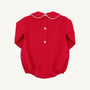 Richmond Red Long Sleeve Boone Bubble for babies, featuring a rounded Peter Pan collar and two buttons on the back.
