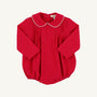 Long Sleeve Boone Bubble in Richmond Red, a long-sleeve baby bubble romper with a white-trimmed Peter Pan collar and front pleats.