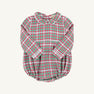 The Beaufort Bonnet Company’s Long Sleeve Bradford Bubble in Wicker Park Plaid with Worth Avenue White features a festive red, green, and white plaid pattern, a classic Peter Pan collar, and elastic leg openings—an adorable holiday outfit choice for your baby boy. Shown laid flat on a white background.