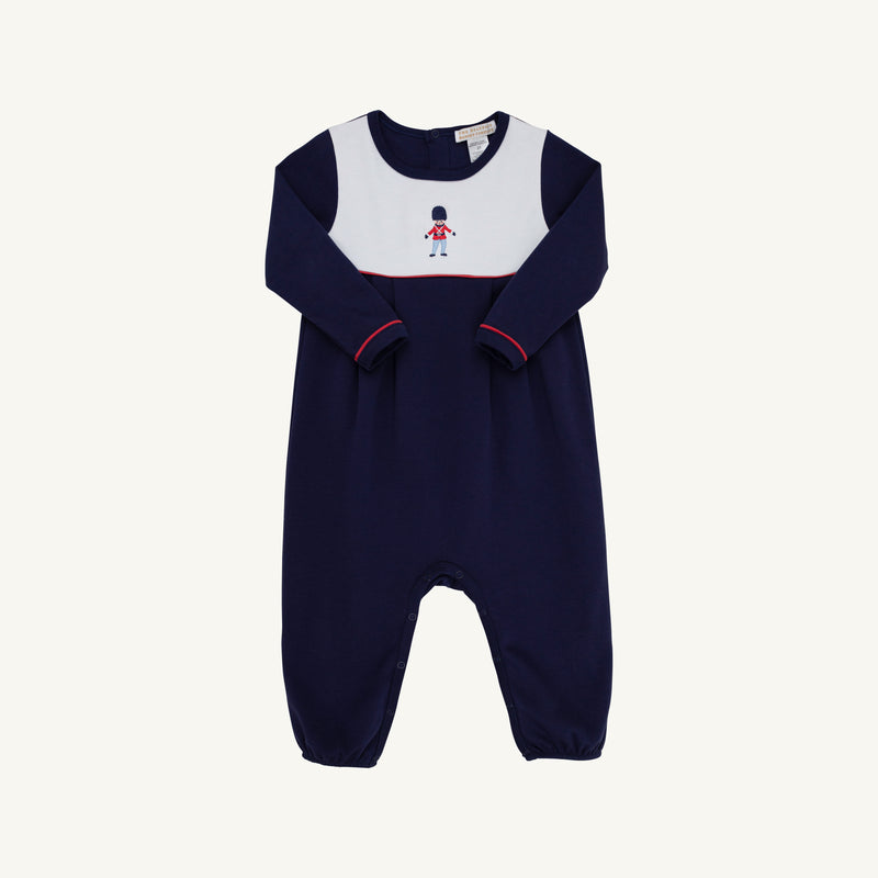 Long Sleeve Bradford Romper - Nantucket Navy & Worth Avenue White with Soldier Embroidery in navy blue Pima cotton knit with a white chest panel featuring an embroidered toy soldier.