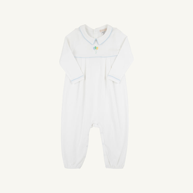 Long Sleeve Bradford Romper - Worth Avenue White and Buckhead Blue with Balloon Embroidery