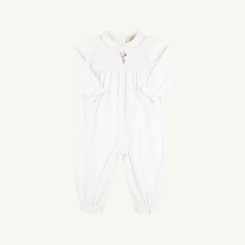 Long Sleeve Britt Romper - Worth Avenue White with Palm Beach Pink & Balloon Embroidery